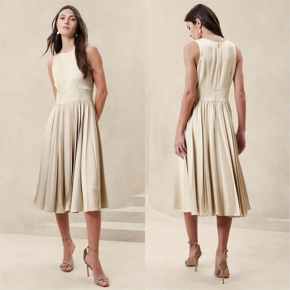 NWT Banana Republic Ness Pleated Satin Midi Dress Champagne Sz 2